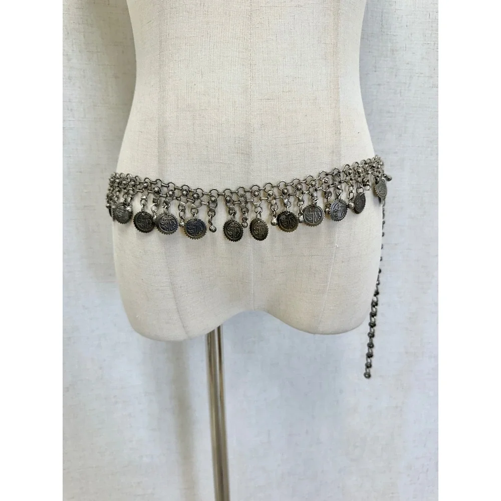 Silver Tone Coin Fringe Chain Belt Womens Boho Festival Waist Chain Belly Dance